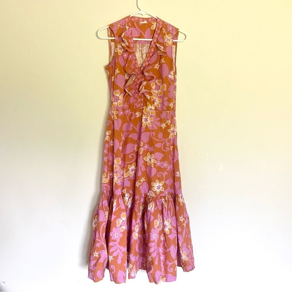 Warm Sierra Floral Pink Tiered Midi Dress Ruffle Trim Cotton Poplin Sz 1 - Picture 3 of 7